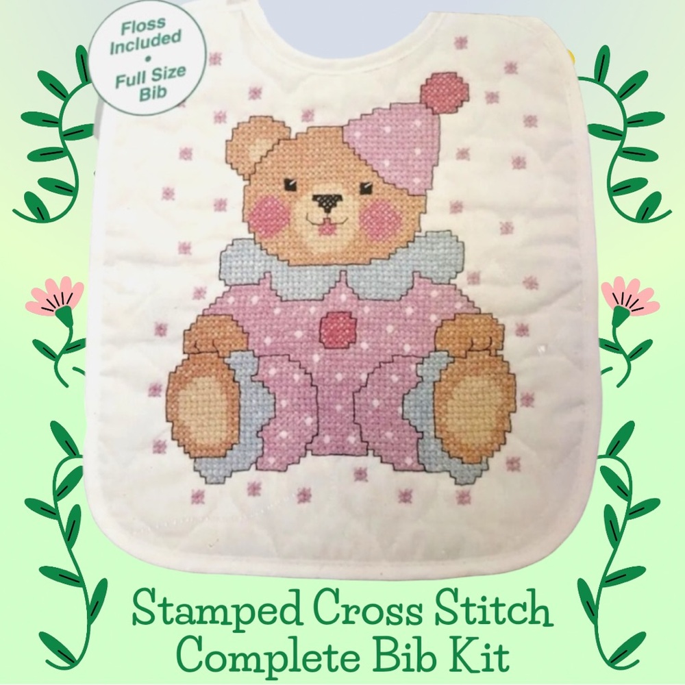 2 for $30 🆕Neat & Nifty Clown Bear Cross Stitch Bib Kit - Pink and White